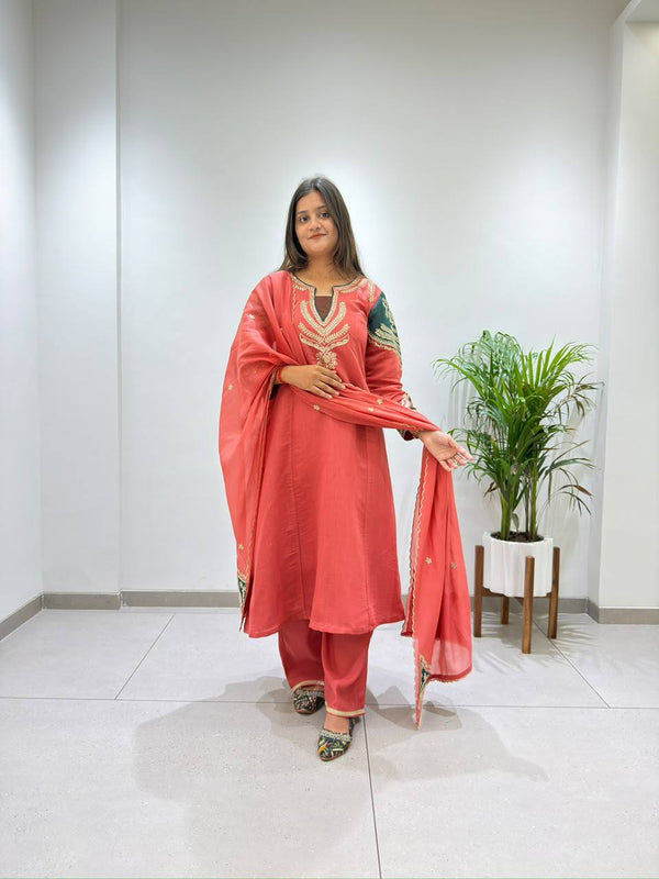 Coral Mul Chanderi Sequin Kurta Palazzo Set