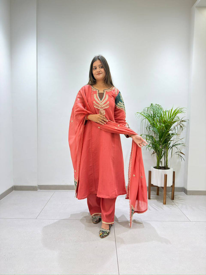 Coral Mul Chanderi Sequin Kurta Palazzo Set