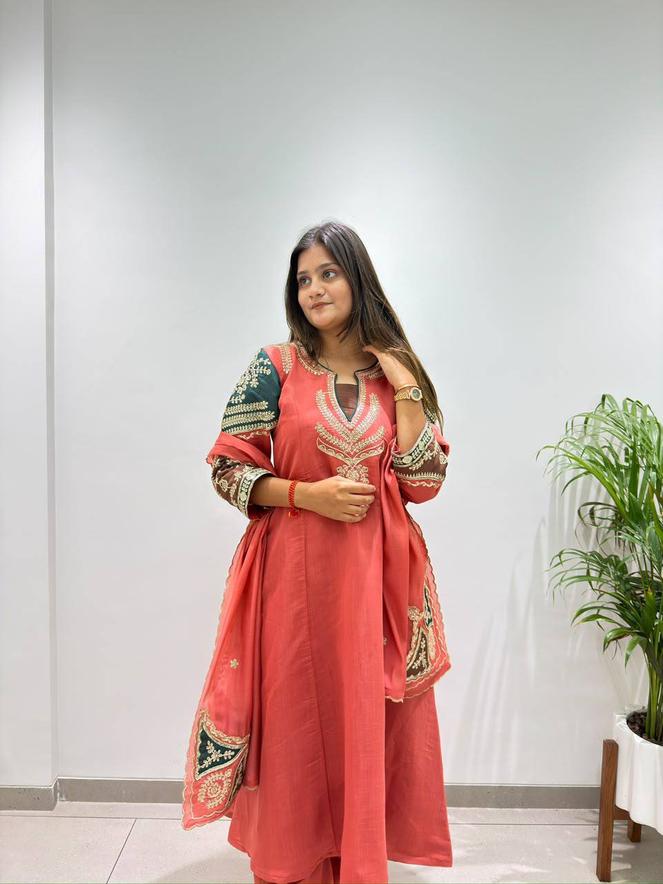 Coral Mul Chanderi Sequin Kurta Palazzo Set, view 2