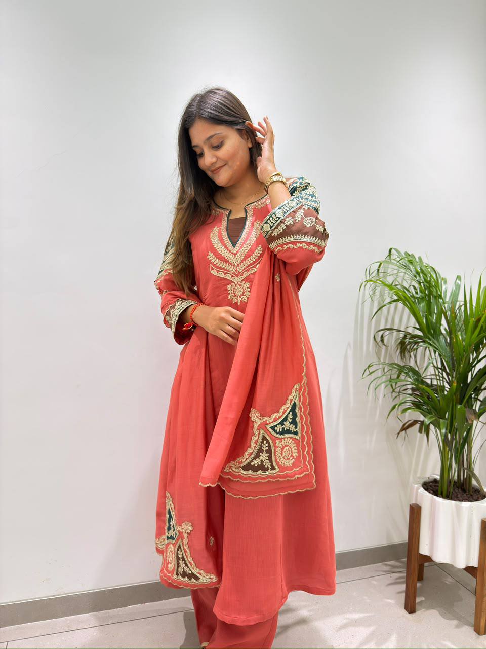 Coral Mul Chanderi Sequin Kurta Palazzo Set, view 3