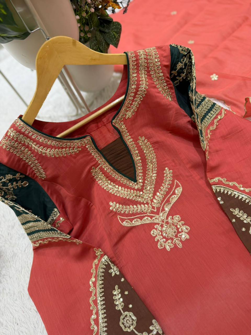 Coral Mul Chanderi Sequin Kurta Palazzo Set, view 7