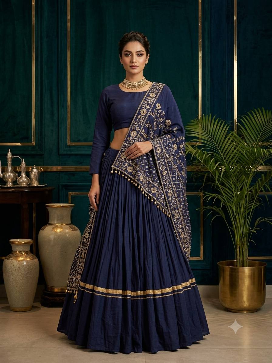 Navy Blue Rayon Gotta Patti Lehenga Choli, view 2