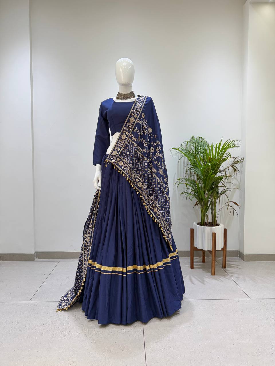 Navy Blue Rayon Gotta Patti Lehenga Choli, view 3