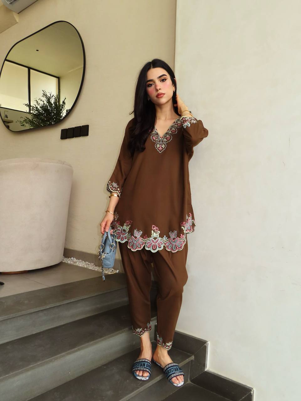 Coffee Brown French Crepe Embroidered Co-ord Set