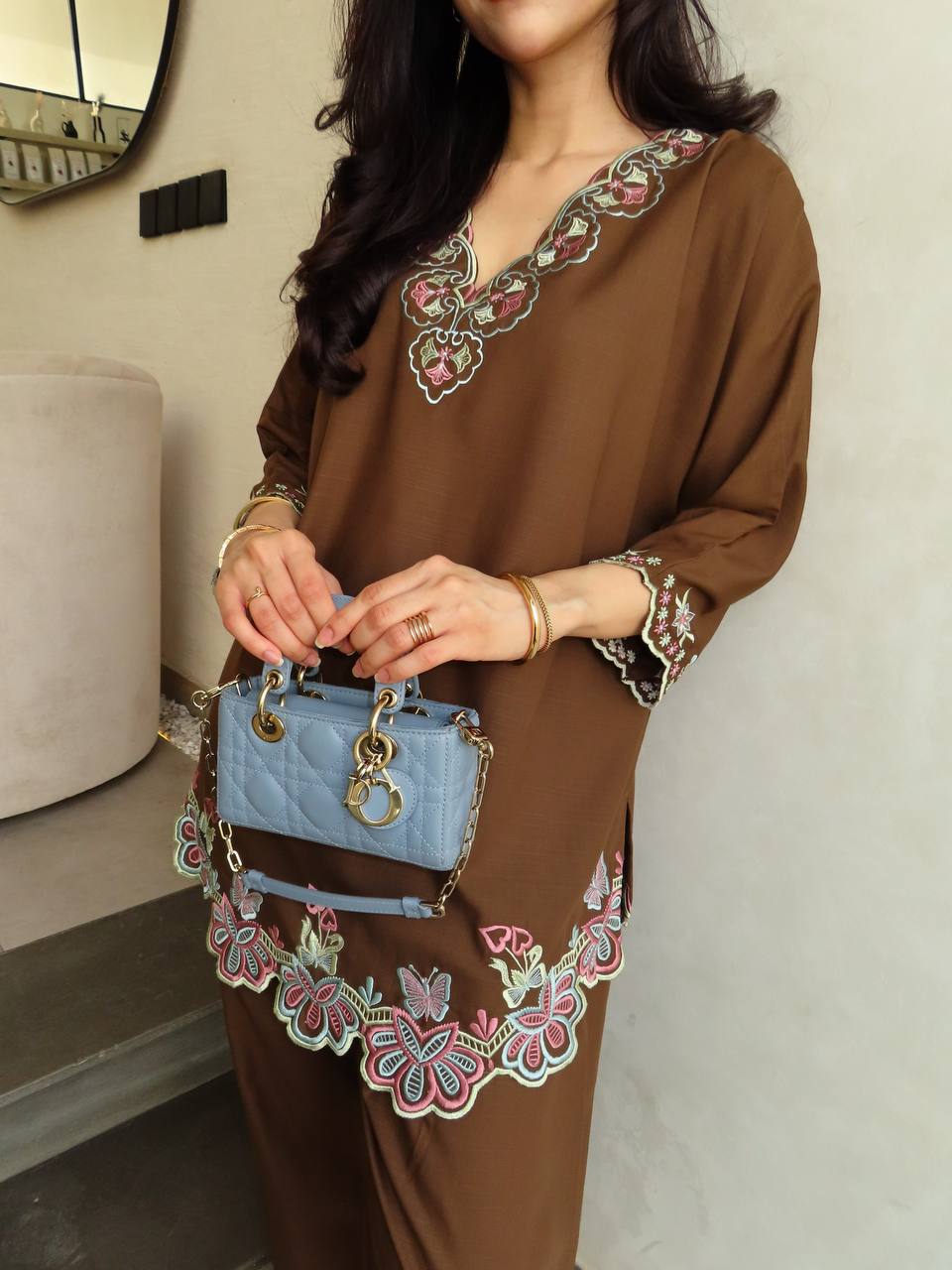 Coffee Brown French Crepe Embroidered Co-ord Set, view 2