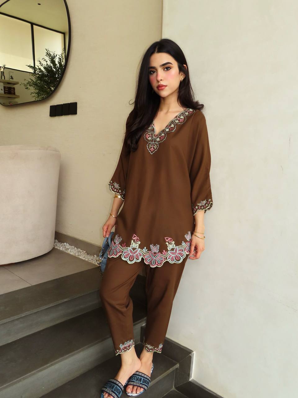 Coffee Brown French Crepe Embroidered Co-ord Set, view 3