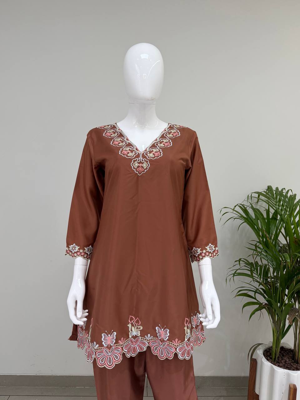Coffee Brown French Crepe Embroidered Co-ord Set, view 5