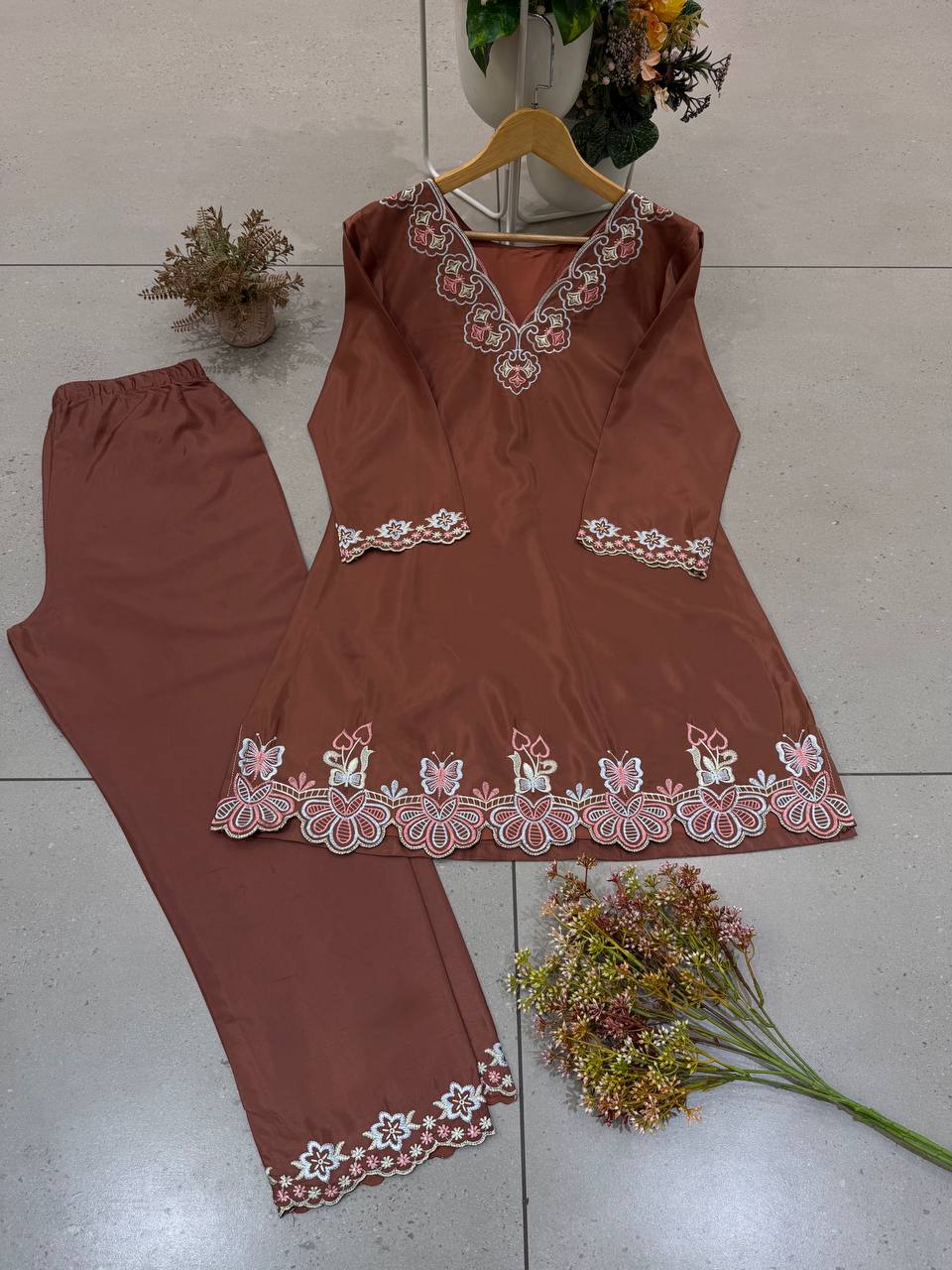 Coffee Brown French Crepe Embroidered Co-ord Set, view 6