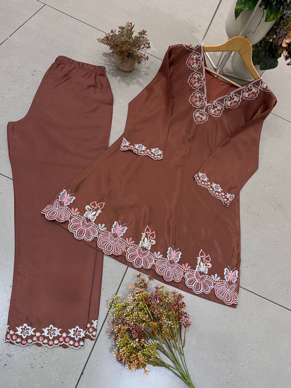 Coffee Brown French Crepe Embroidered Co-ord Set, view 7