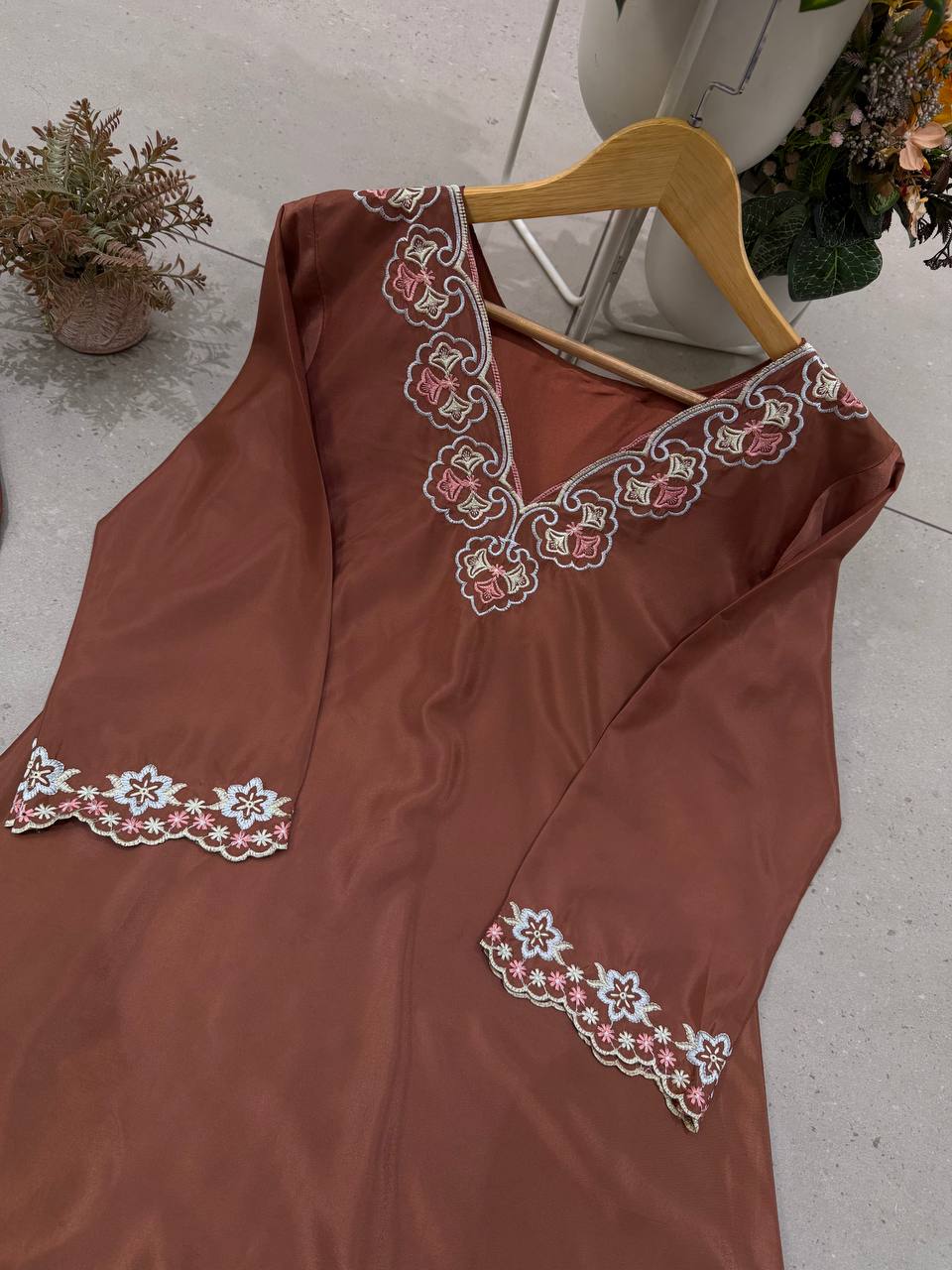 Coffee Brown French Crepe Embroidered Co-ord Set, view 8