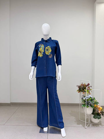 Navy Blue Cotton Embroidered Co-ord Set
