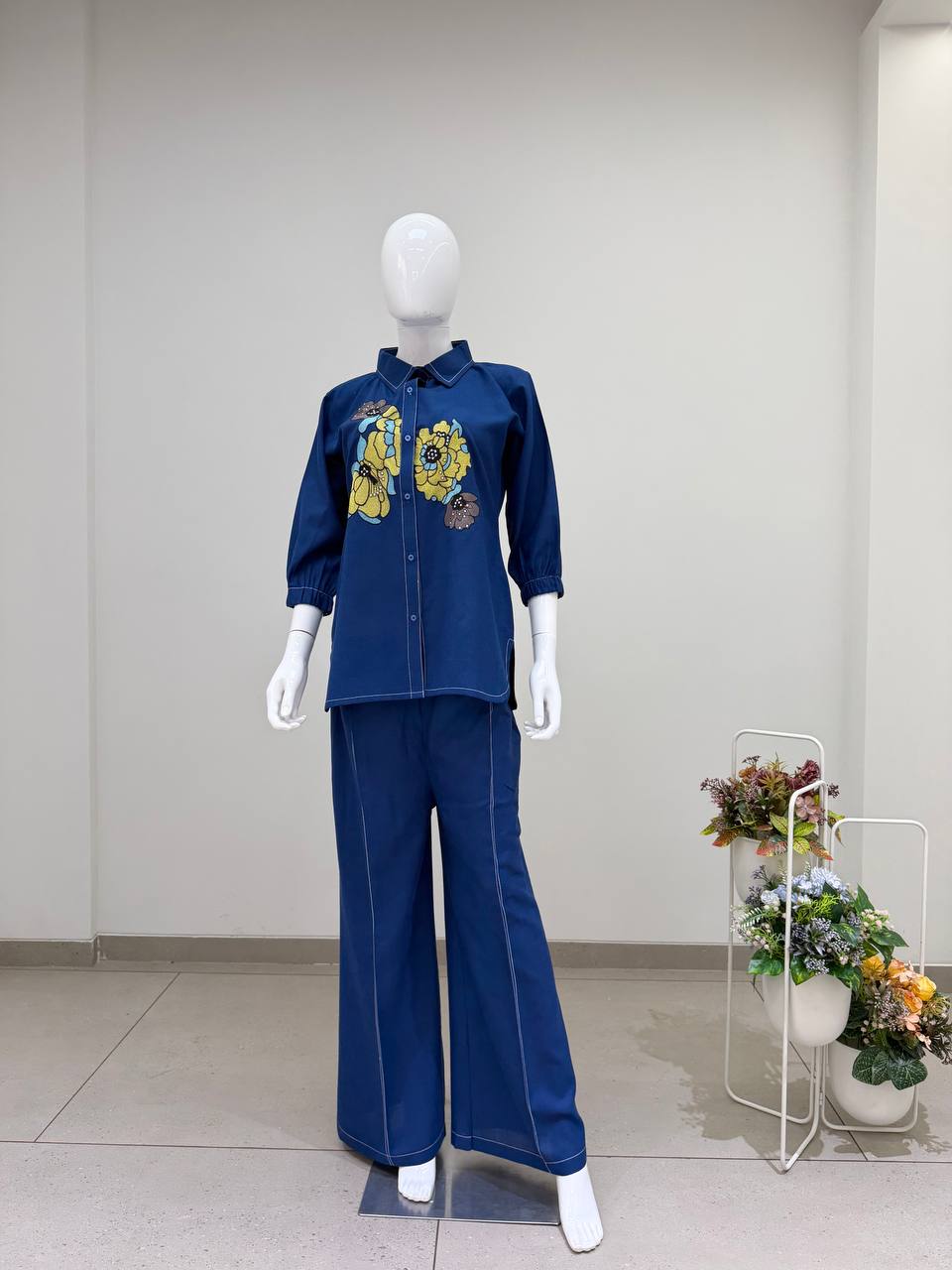 Navy Blue Cotton Embroidered Co-ord Set