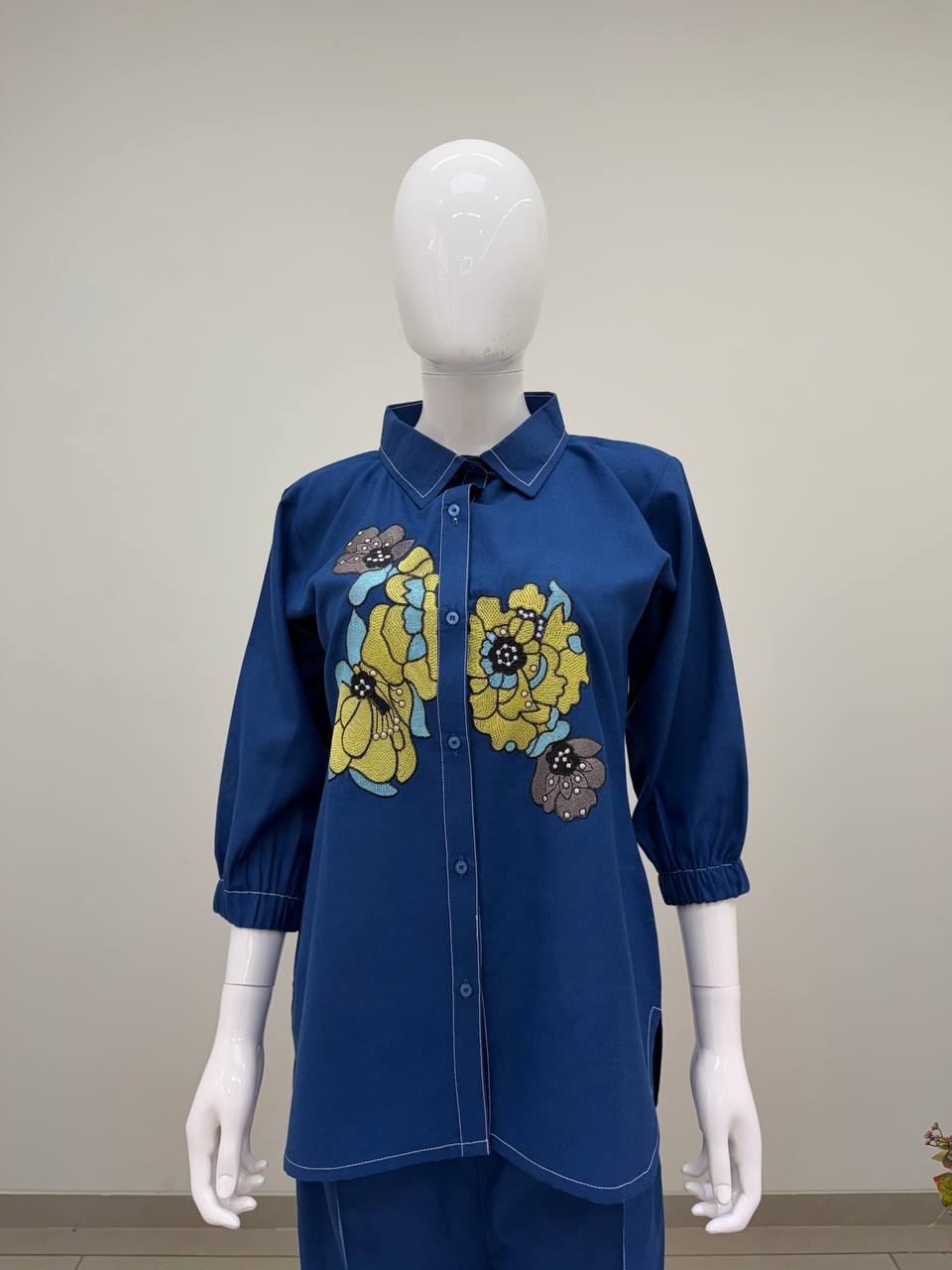 Navy Blue Cotton Embroidered Co-ord Set, view 3