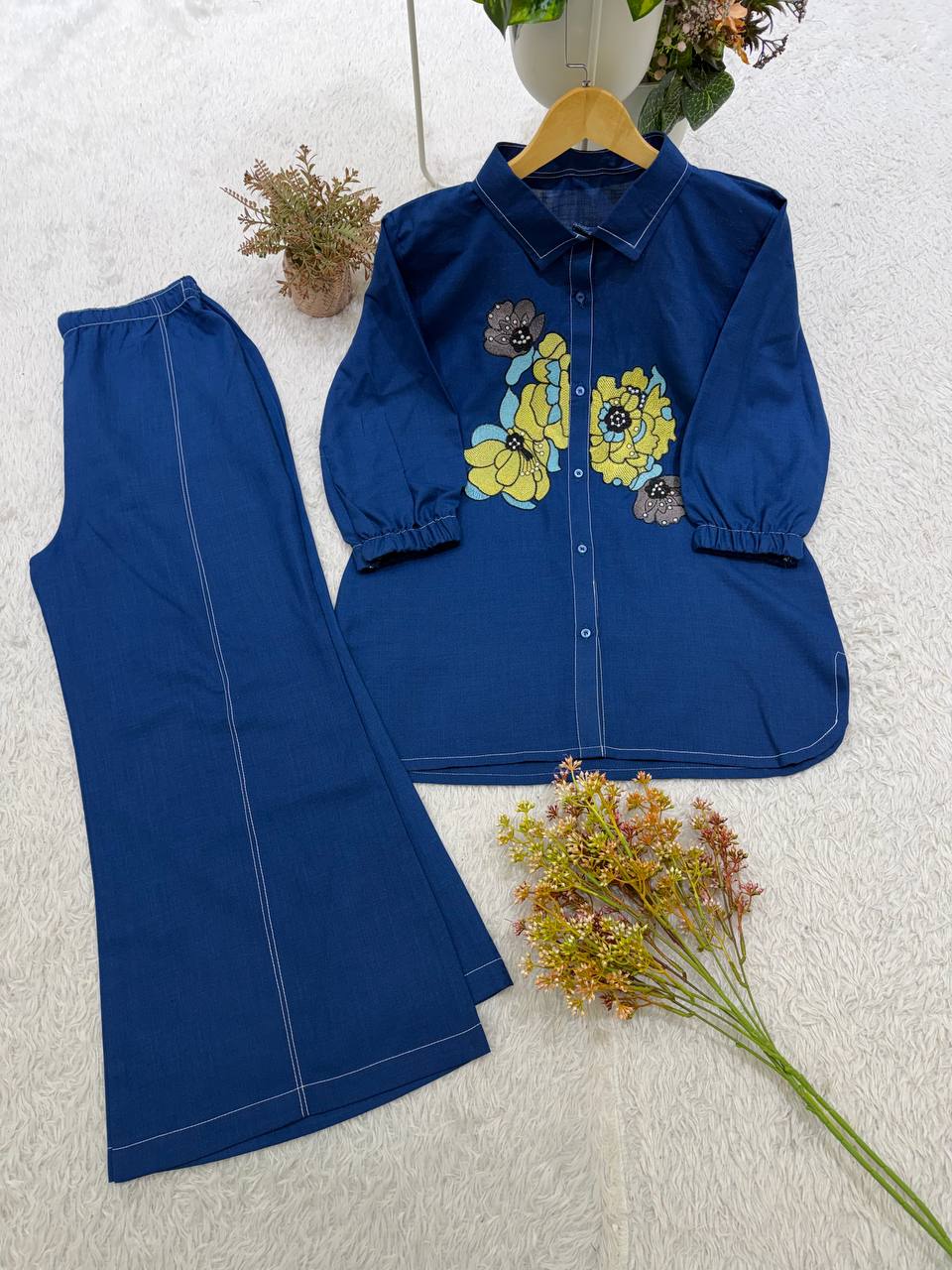 Navy Blue Cotton Embroidered Co-ord Set, view 5