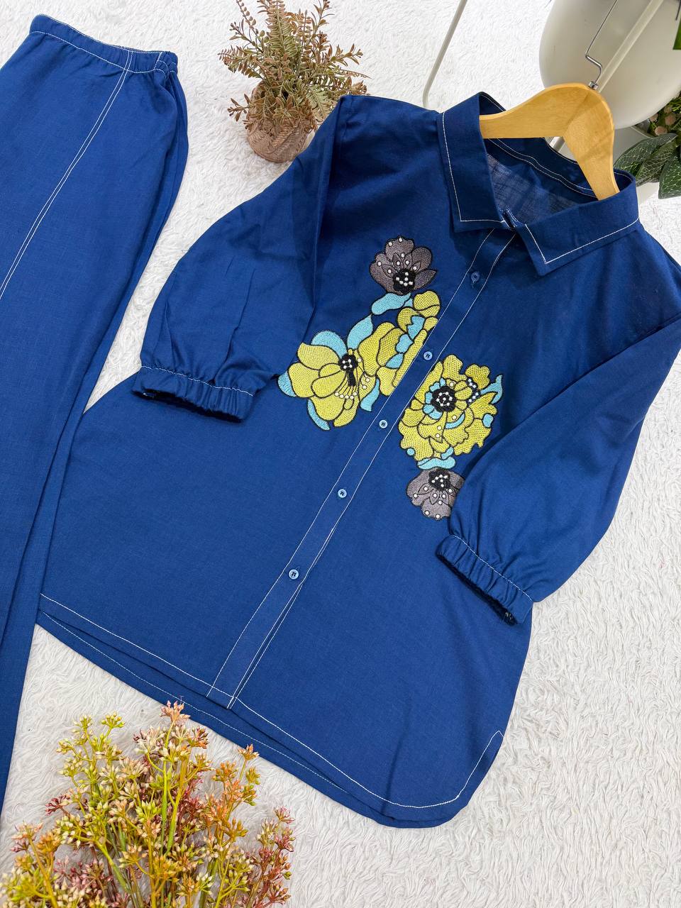 Navy Blue Cotton Embroidered Co-ord Set, view 7