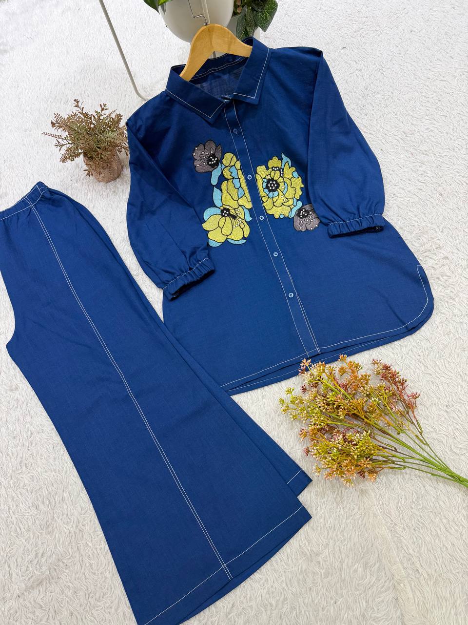 Navy Blue Cotton Embroidered Co-ord Set, view 8