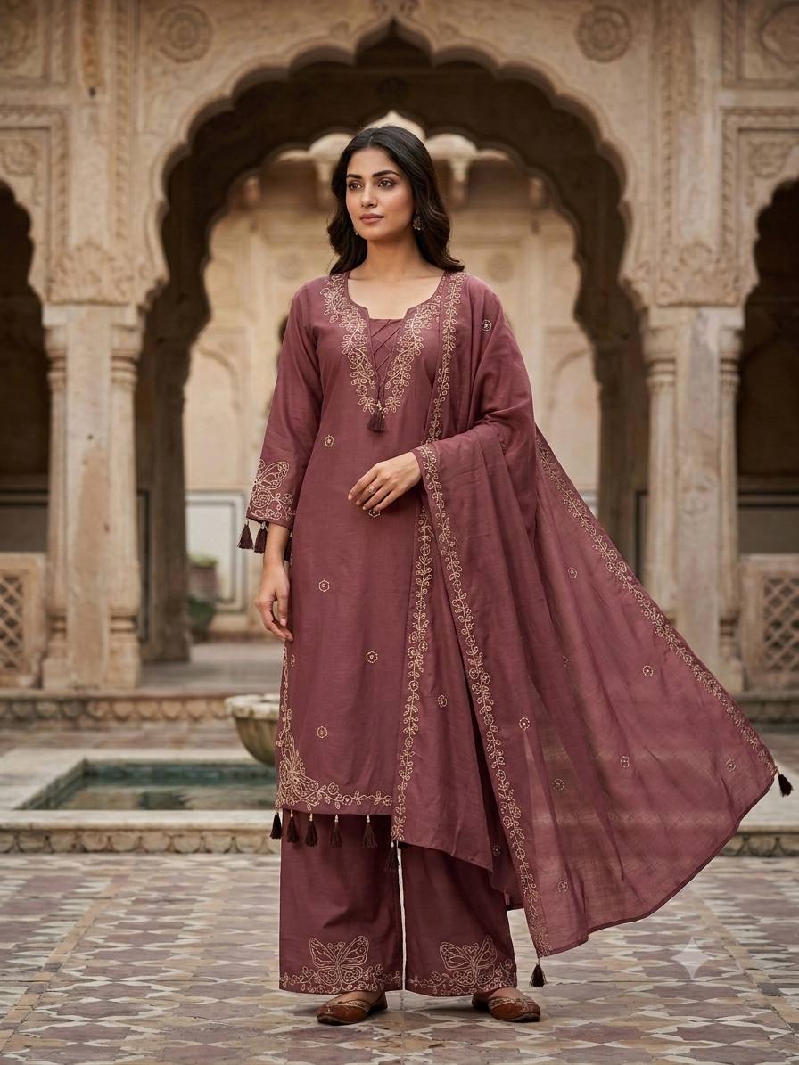 Rose Brown Leo Denting Mirror Work Kurta Palazzo Set