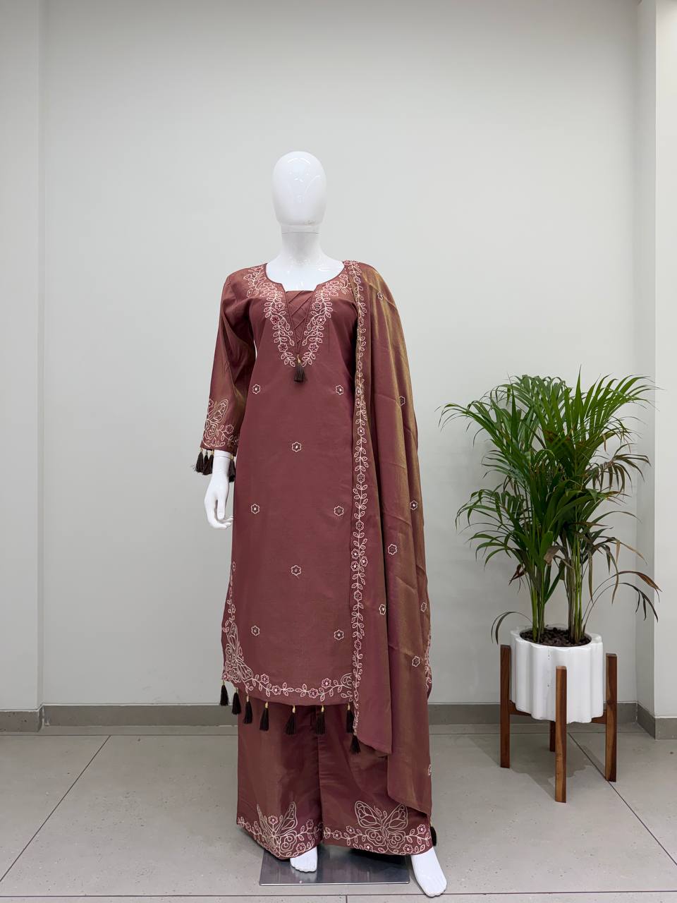 Rose Brown Leo Denting Mirror Work Kurta Palazzo Set, view 2