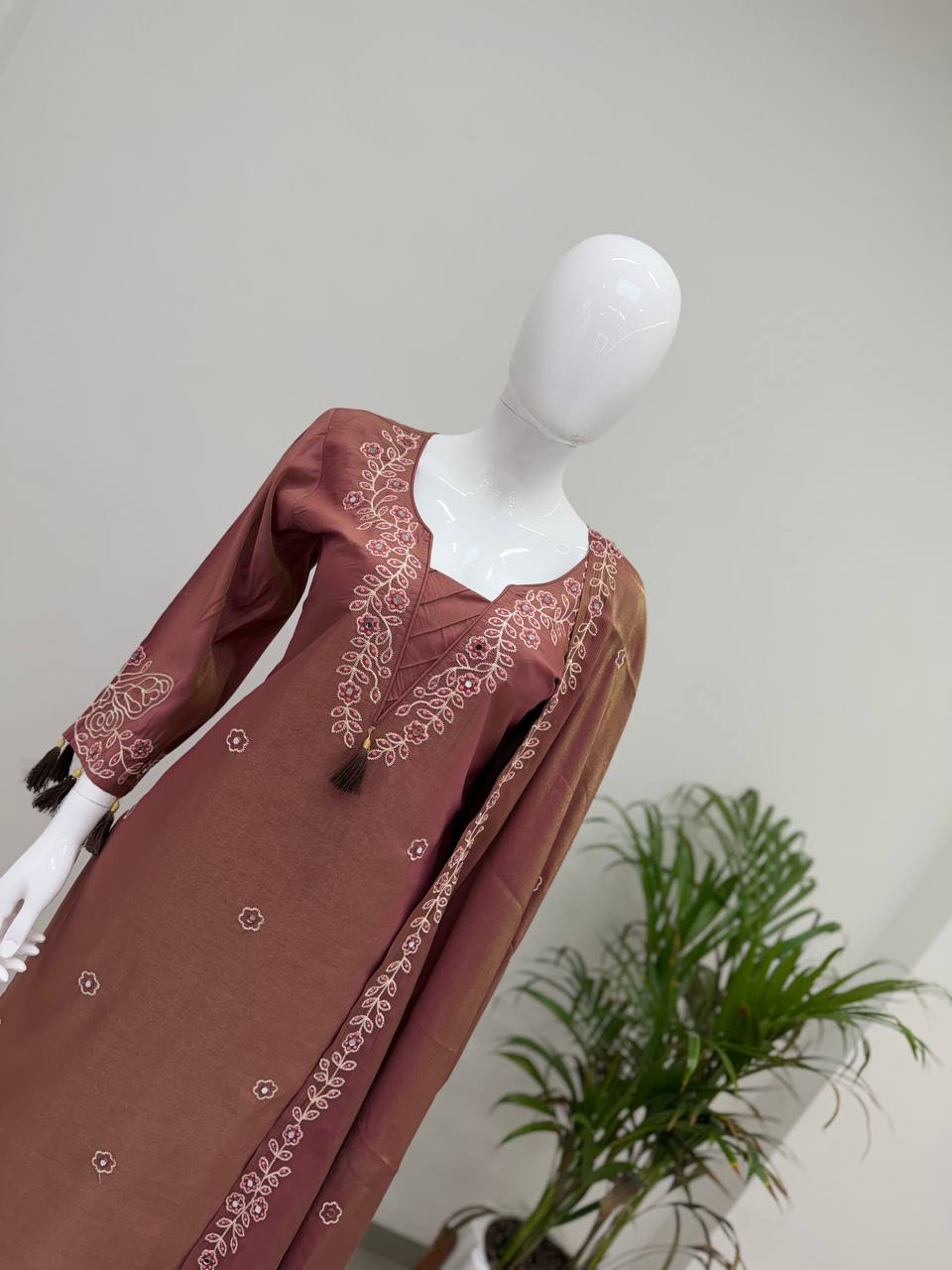 Rose Brown Leo Denting Mirror Work Kurta Palazzo Set, view 3