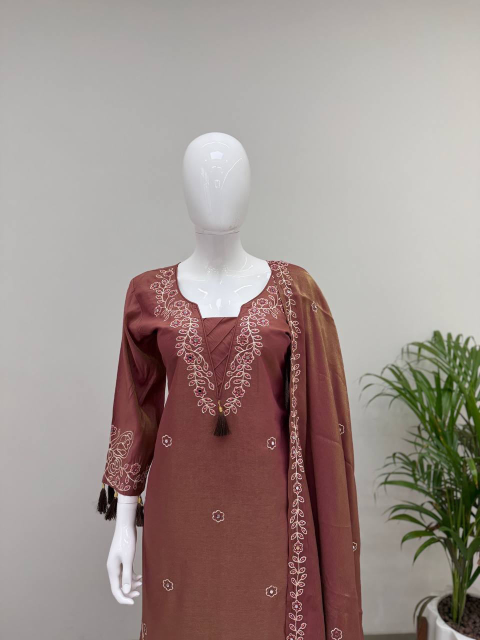 Rose Brown Leo Denting Mirror Work Kurta Palazzo Set, view 4