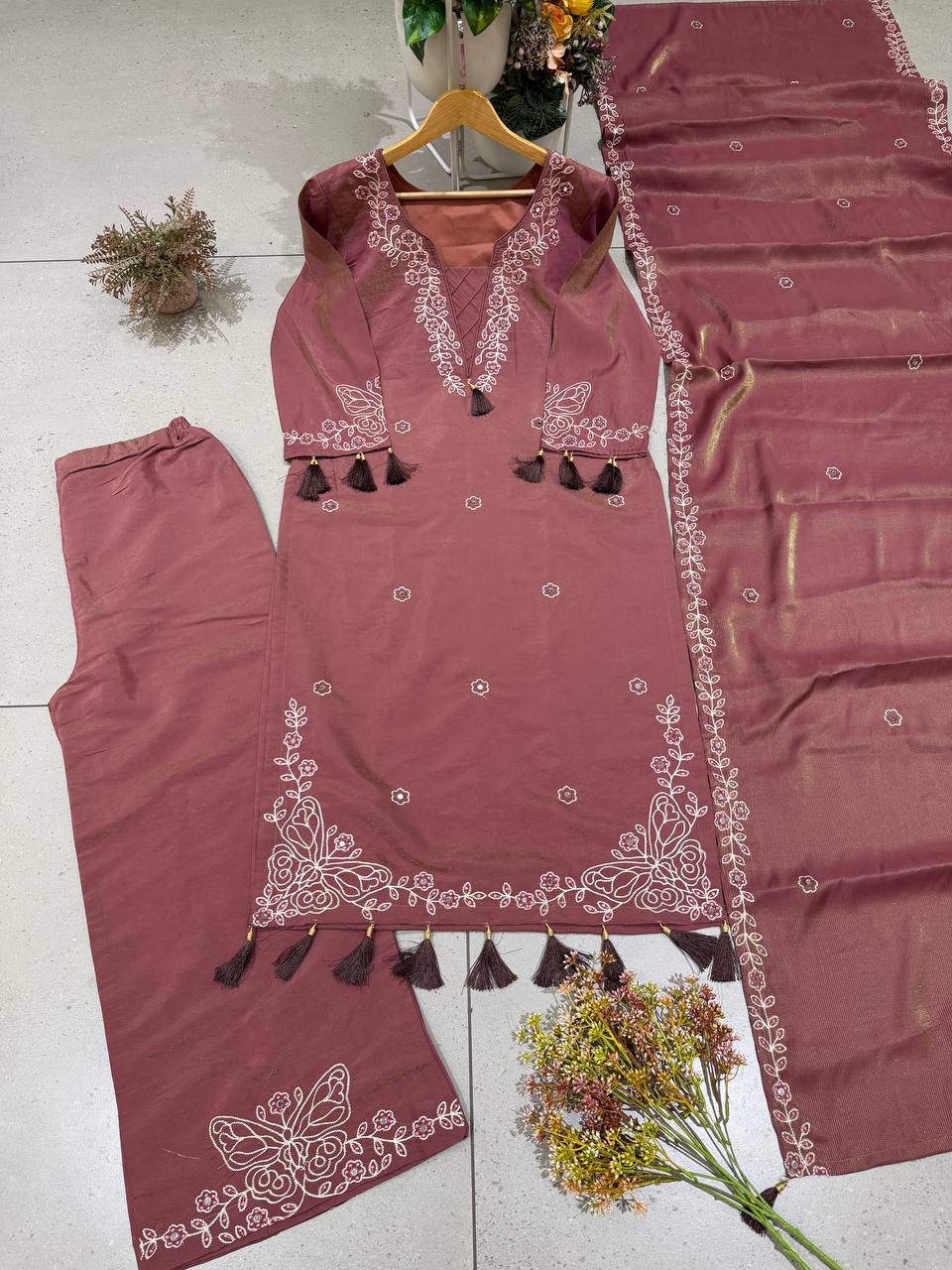 Rose Brown Leo Denting Mirror Work Kurta Palazzo Set, view 5