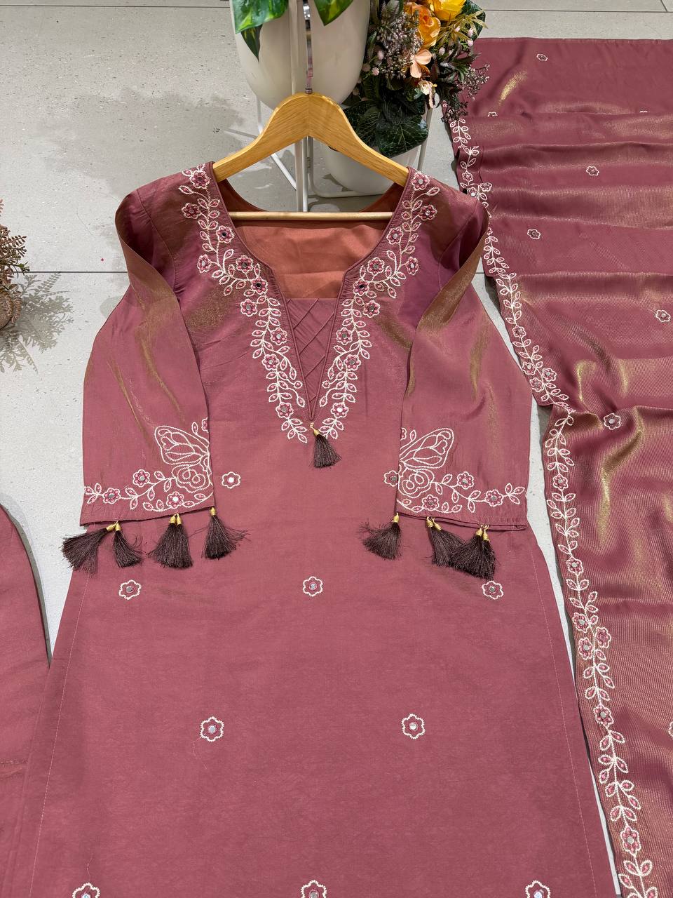 Rose Brown Leo Denting Mirror Work Kurta Palazzo Set, view 6