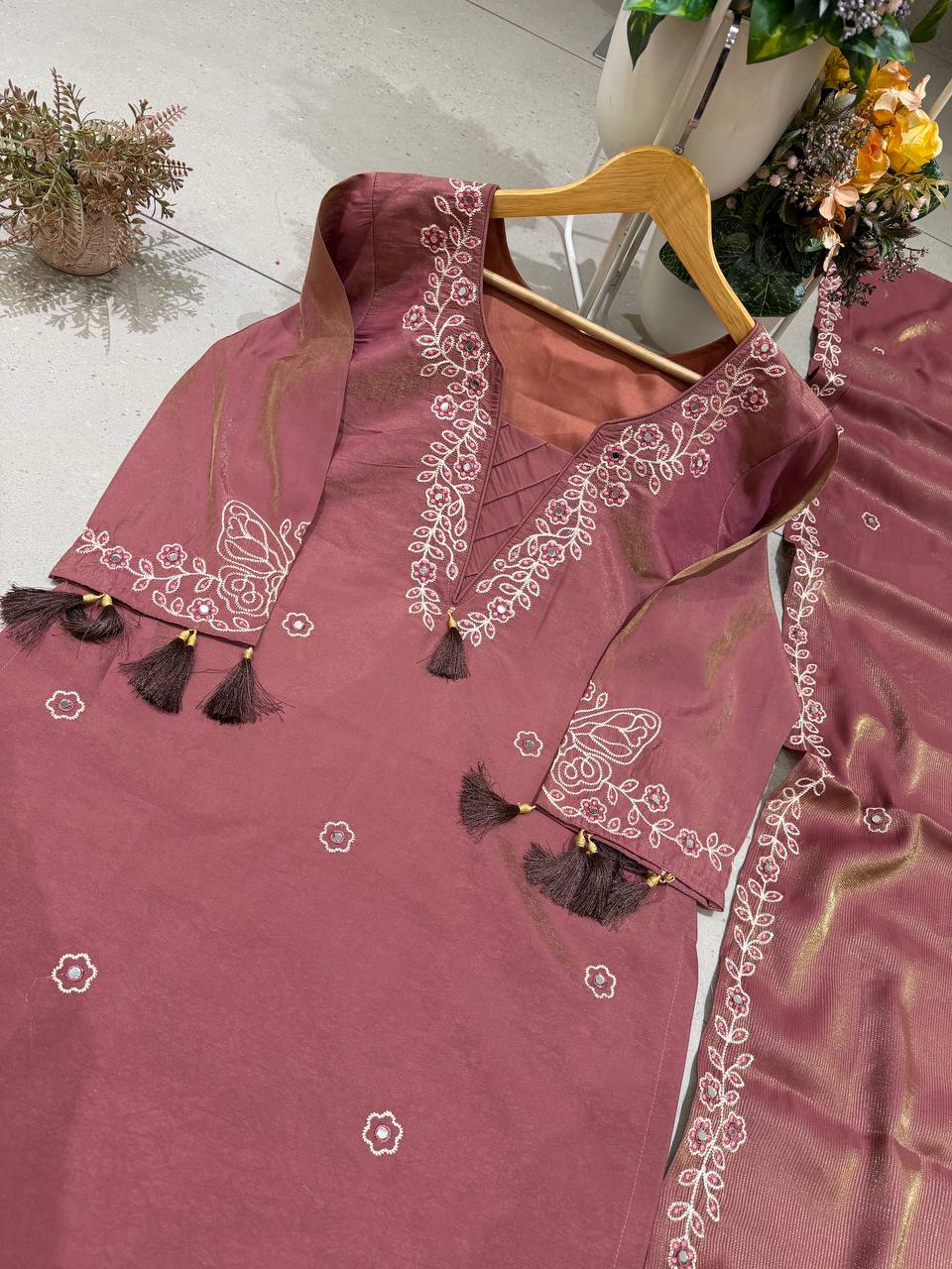 Rose Brown Leo Denting Mirror Work Kurta Palazzo Set, view 7