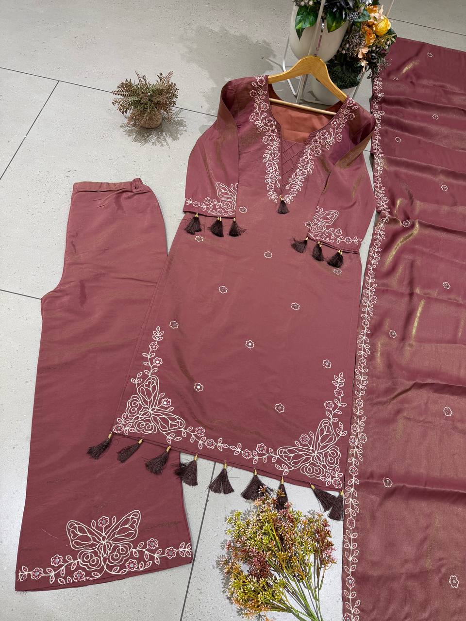 Rose Brown Leo Denting Mirror Work Kurta Palazzo Set, view 8