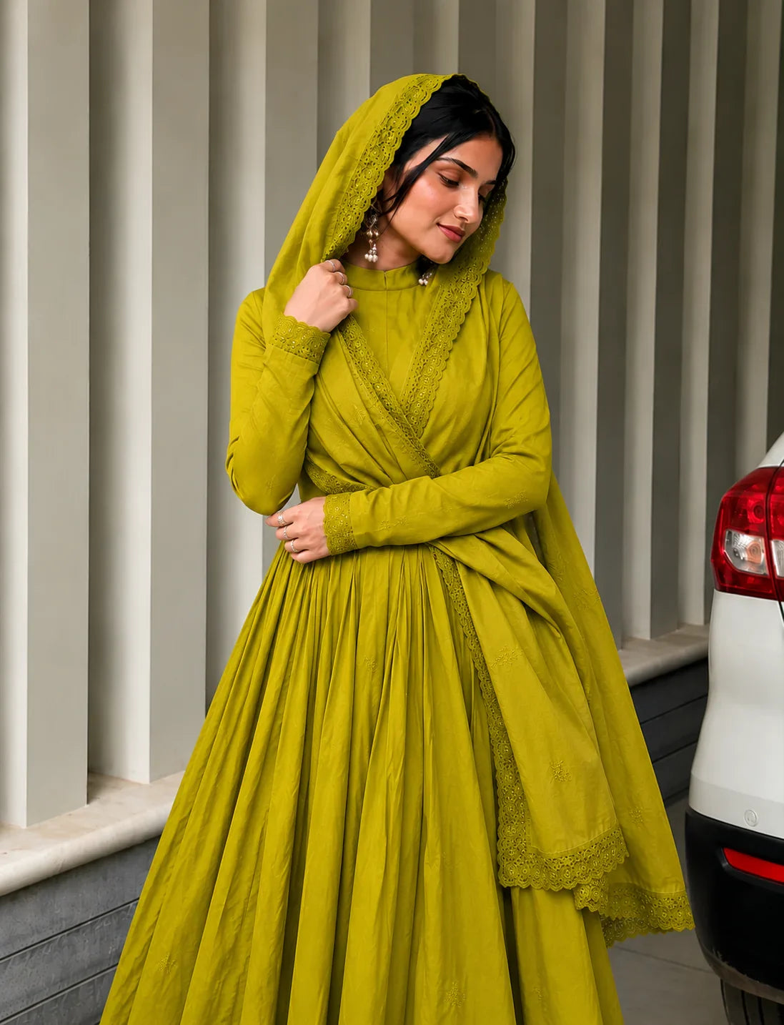 Olive Green Pleated Anarkali Kurta Set with Embroidered Dupatta