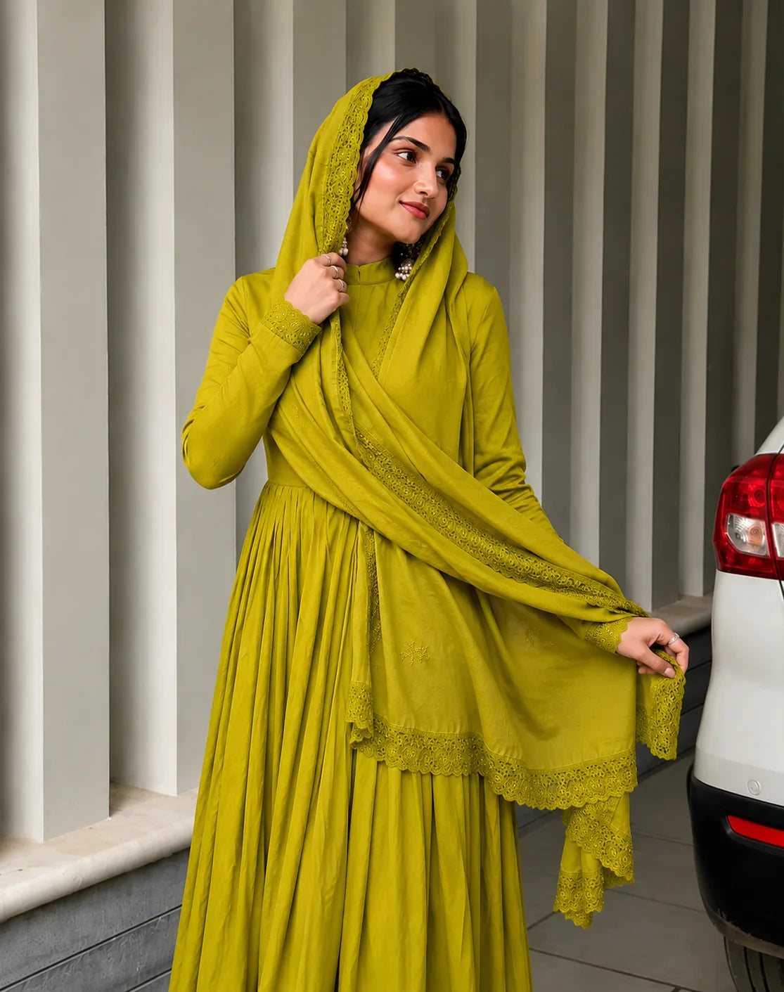 Olive Green Pleated Anarkali Kurta Set with Embroidered Dupatta