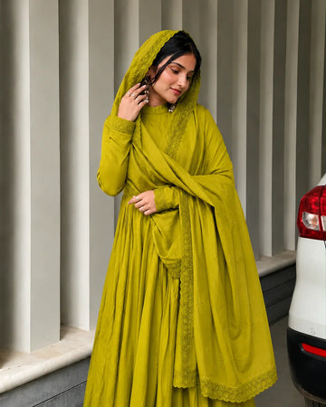 Olive Green Pleated Anarkali Kurta Set with Embroidered Dupatta