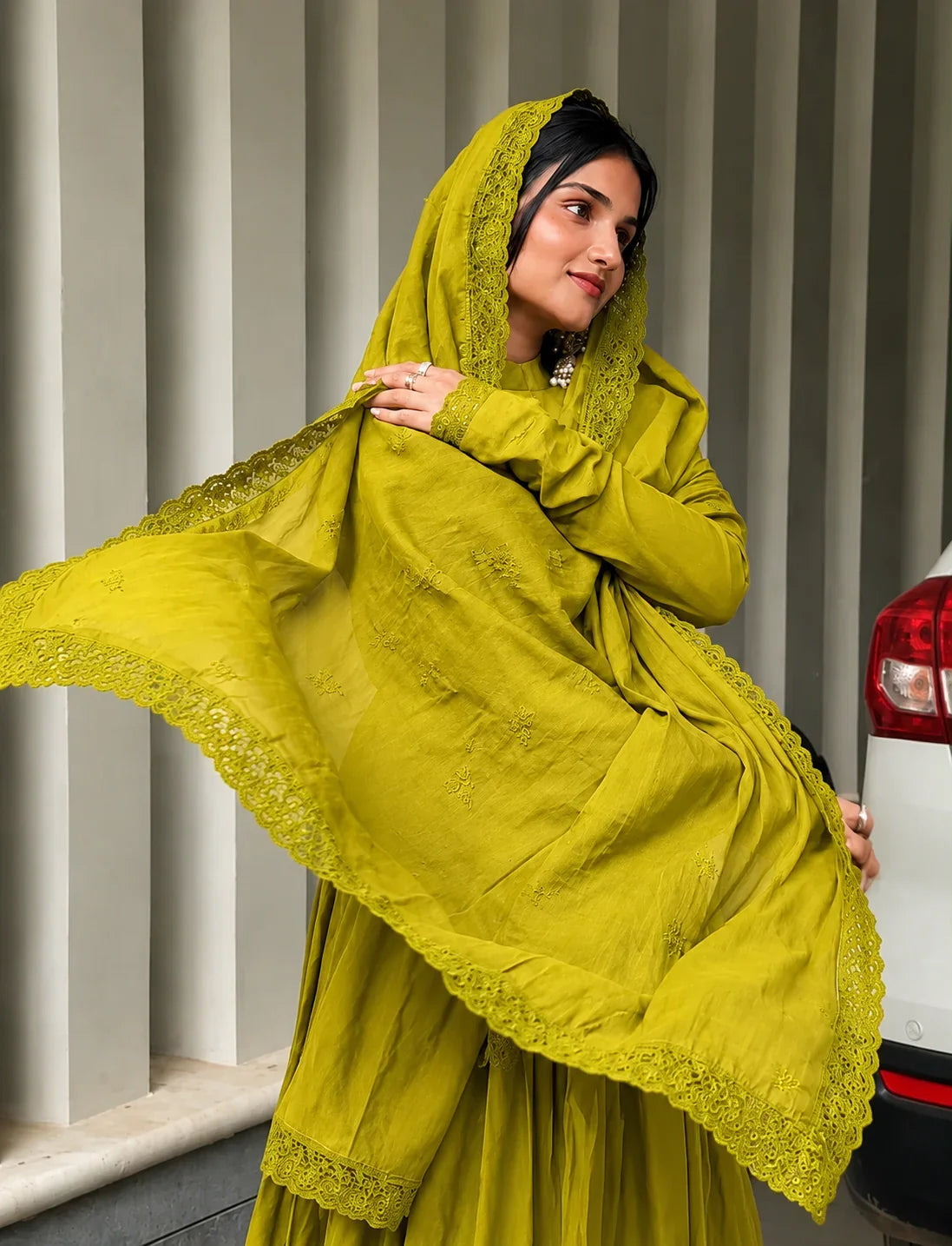 Olive Green Pleated Anarkali Kurta Set with Embroidered Dupatta