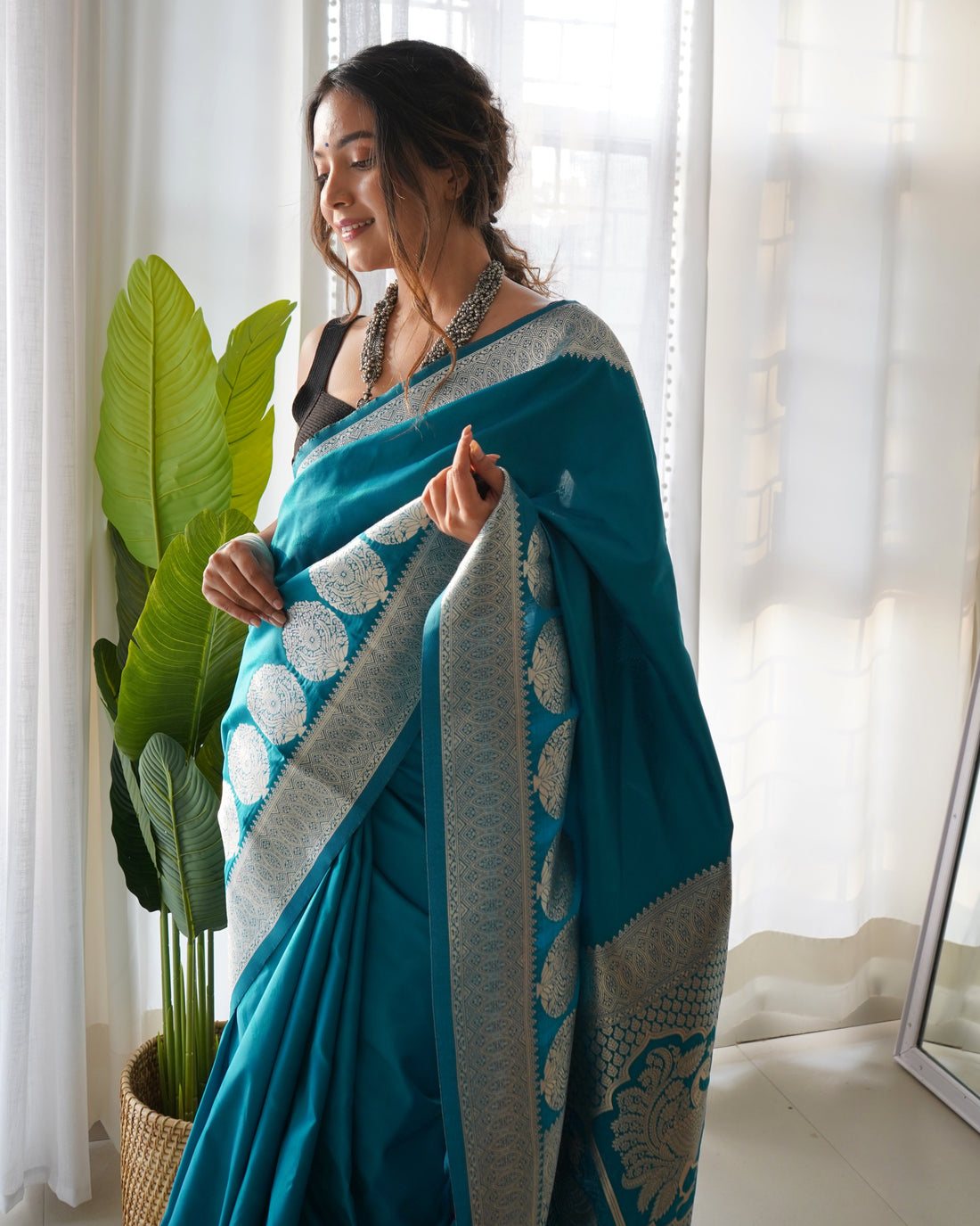 Turquoise Color Zari Golden Weaving Rich Saree