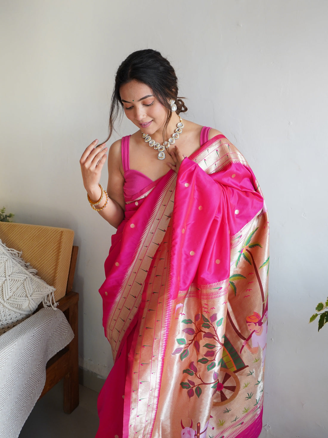 Dark Pink Color Zari Golden Weaving Rich Saree