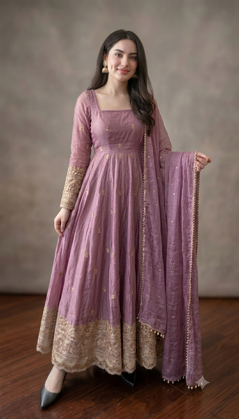 Mauve-pink  Fendy Silk Embroidered Sequins Work Suit Set