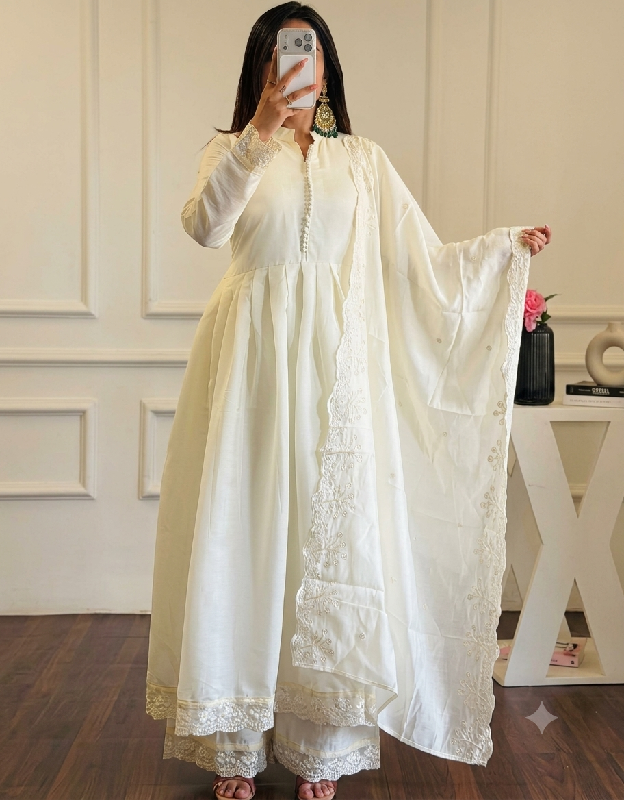 Cream Pleated Anarkali Kurta Set with Embroidered Dupatta