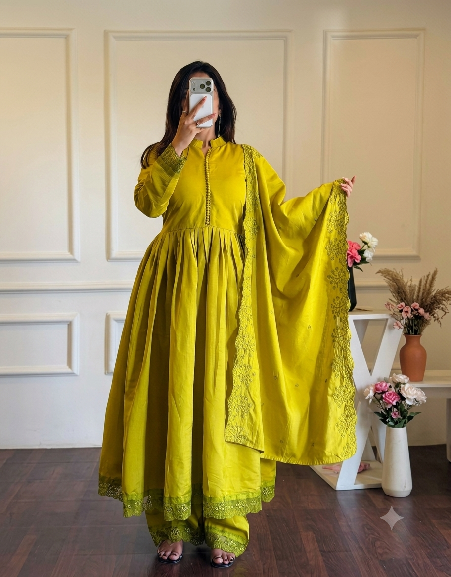 Olive Green Pleated Anarkali Kurta Set with Embroidered Dupatta