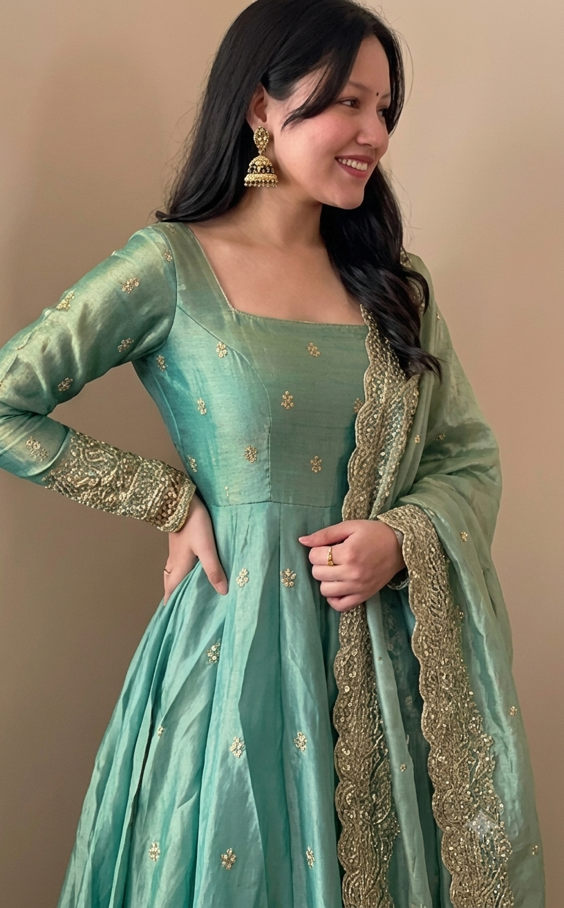 Sea Green Fendy Silk Embroidered Sequins Work Suit Set