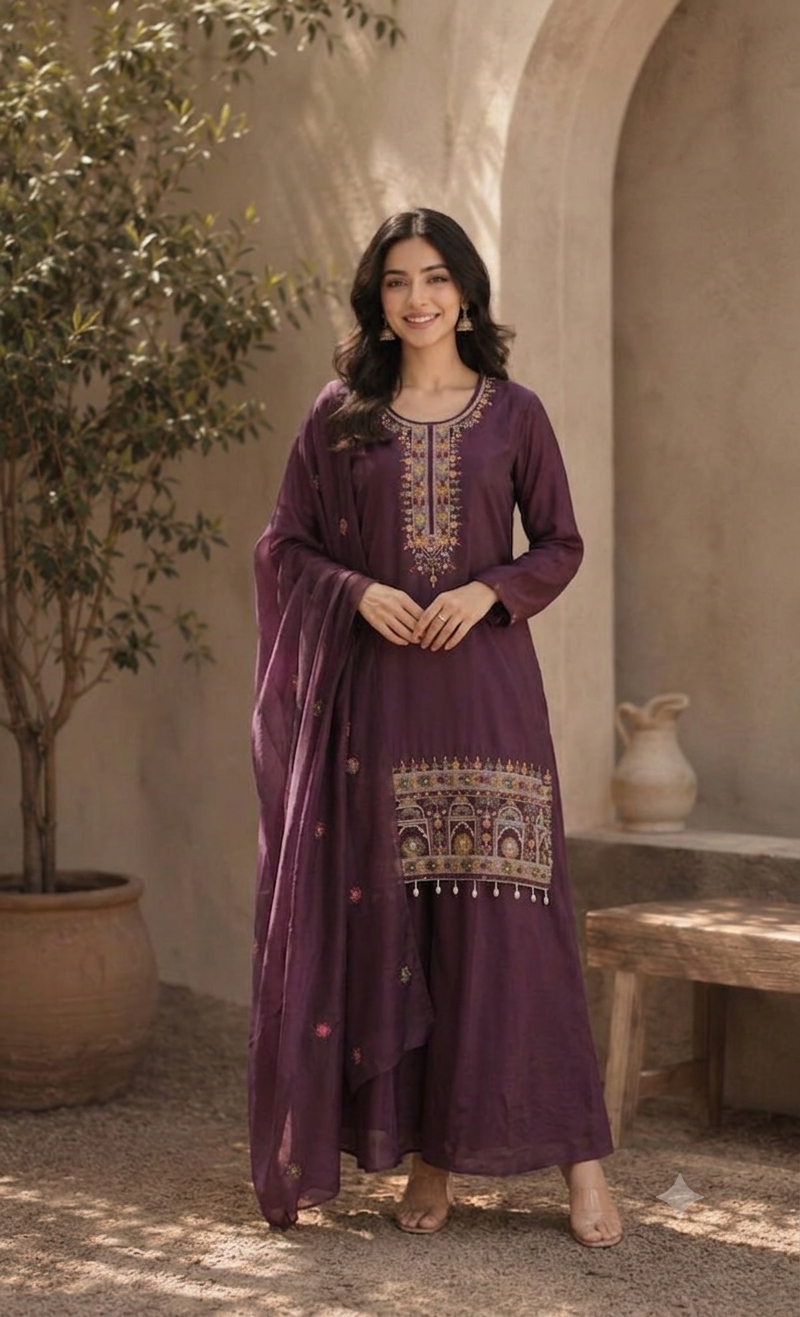 Purple Ethnic Kurta Set Featuring Intricate Multicolor Embroidery