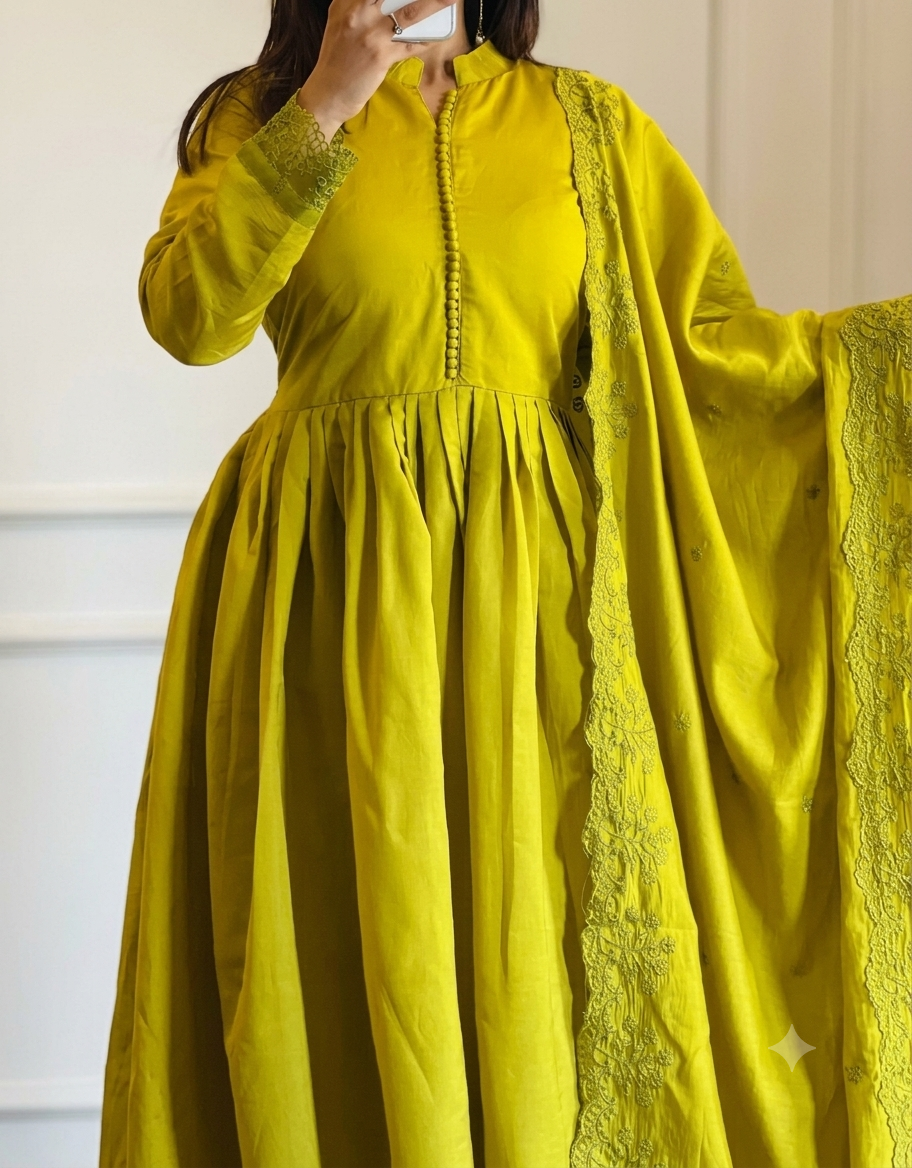 Olive Green Pleated Anarkali Kurta Set with Embroidered Dupatta