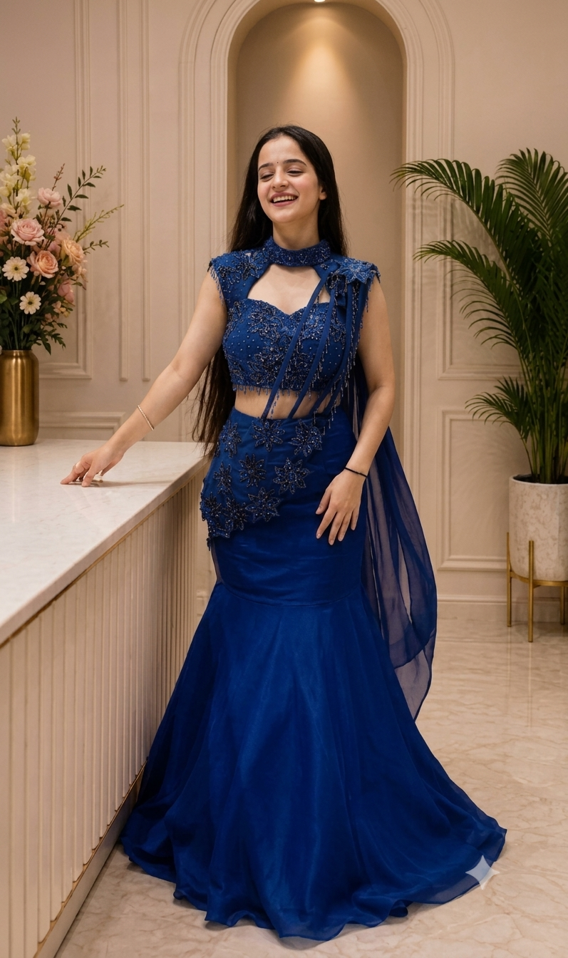 Royal Blue Georgette Fish-Cut Lehenga Choli With Heavy Sequin Embroidery