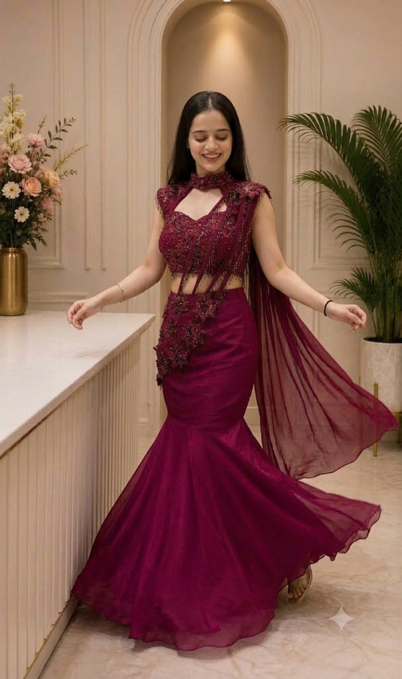 Maroon Georgette Fish-Cut Lehenga Choli With Heavy Sequin Embroidery