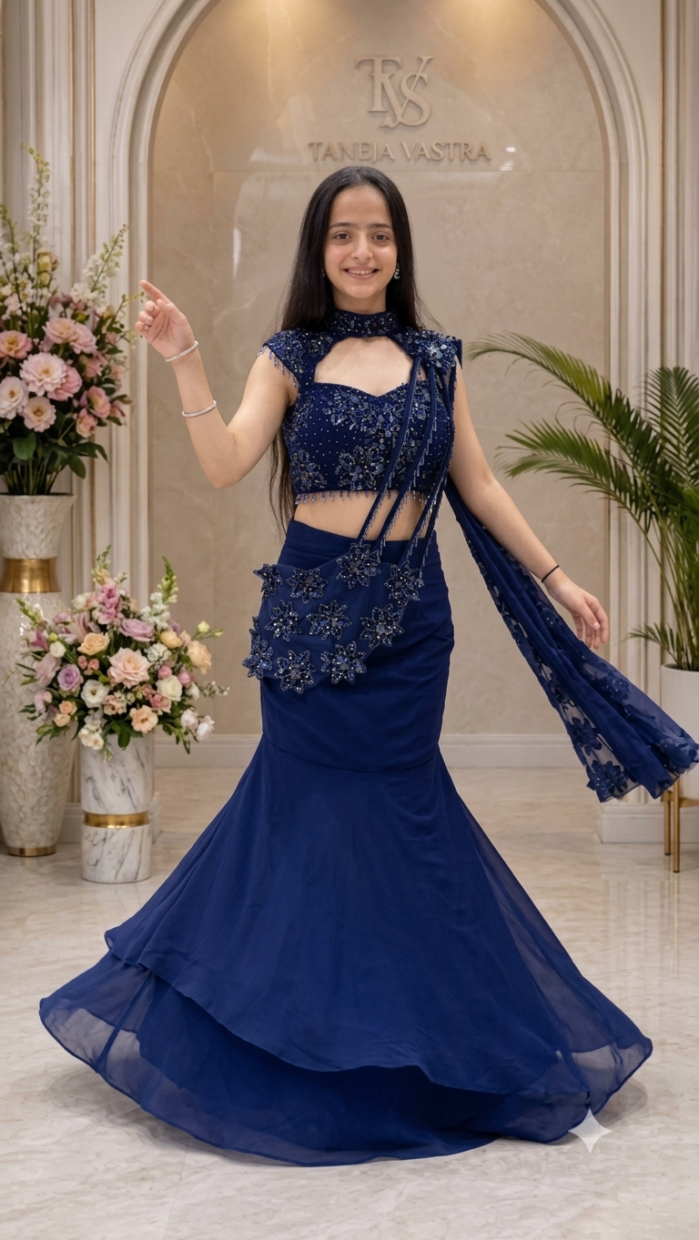 Royal Blue Georgette Fish-Cut Lehenga Choli With Heavy Sequin Embroidery