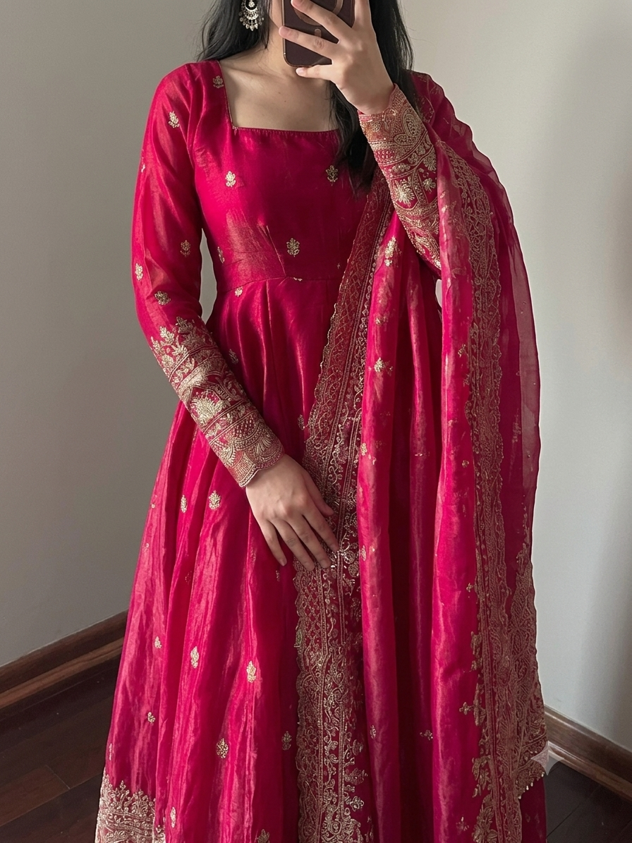 Vibrant Magenta-Pink Fendy Silk Embroidered Sequins Work Suit Set