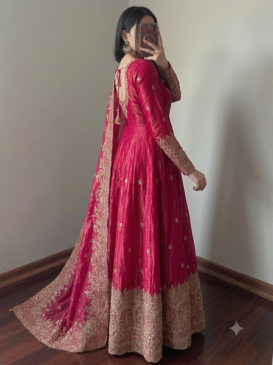 Vibrant Magenta-Pink Fendy Silk Embroidered Sequins Work Suit Set