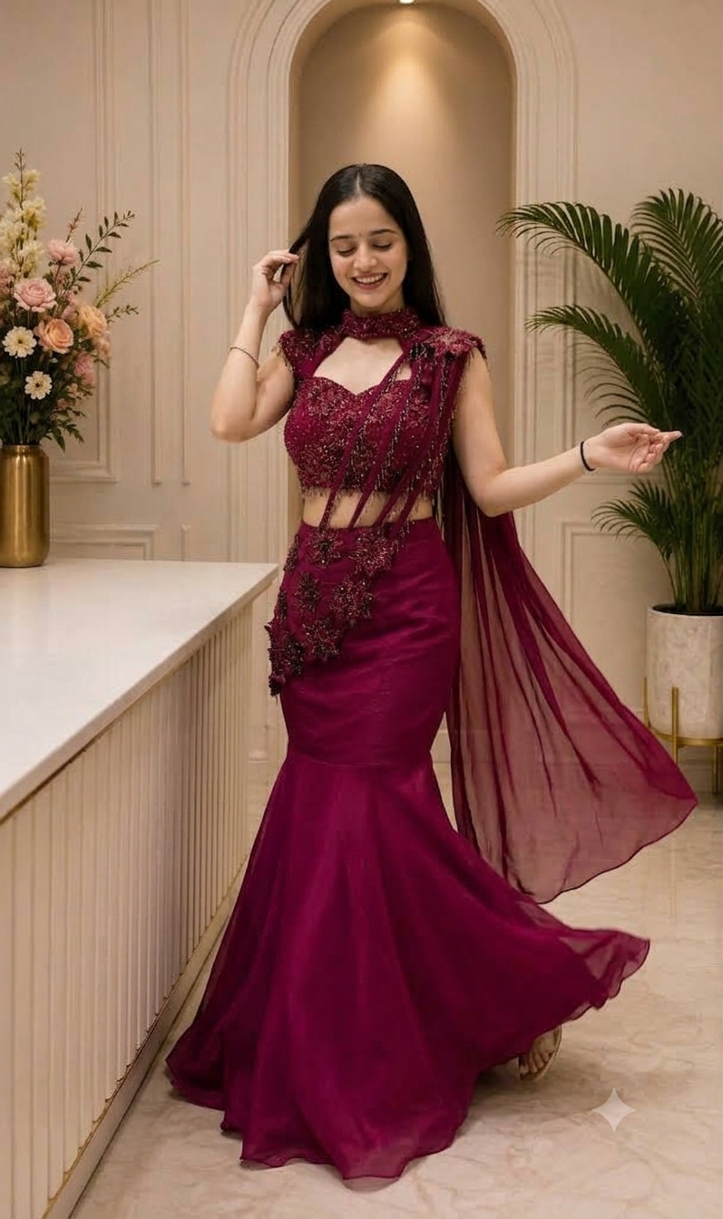 Maroon Georgette Fish-Cut Lehenga Choli With Heavy Sequin Embroidery