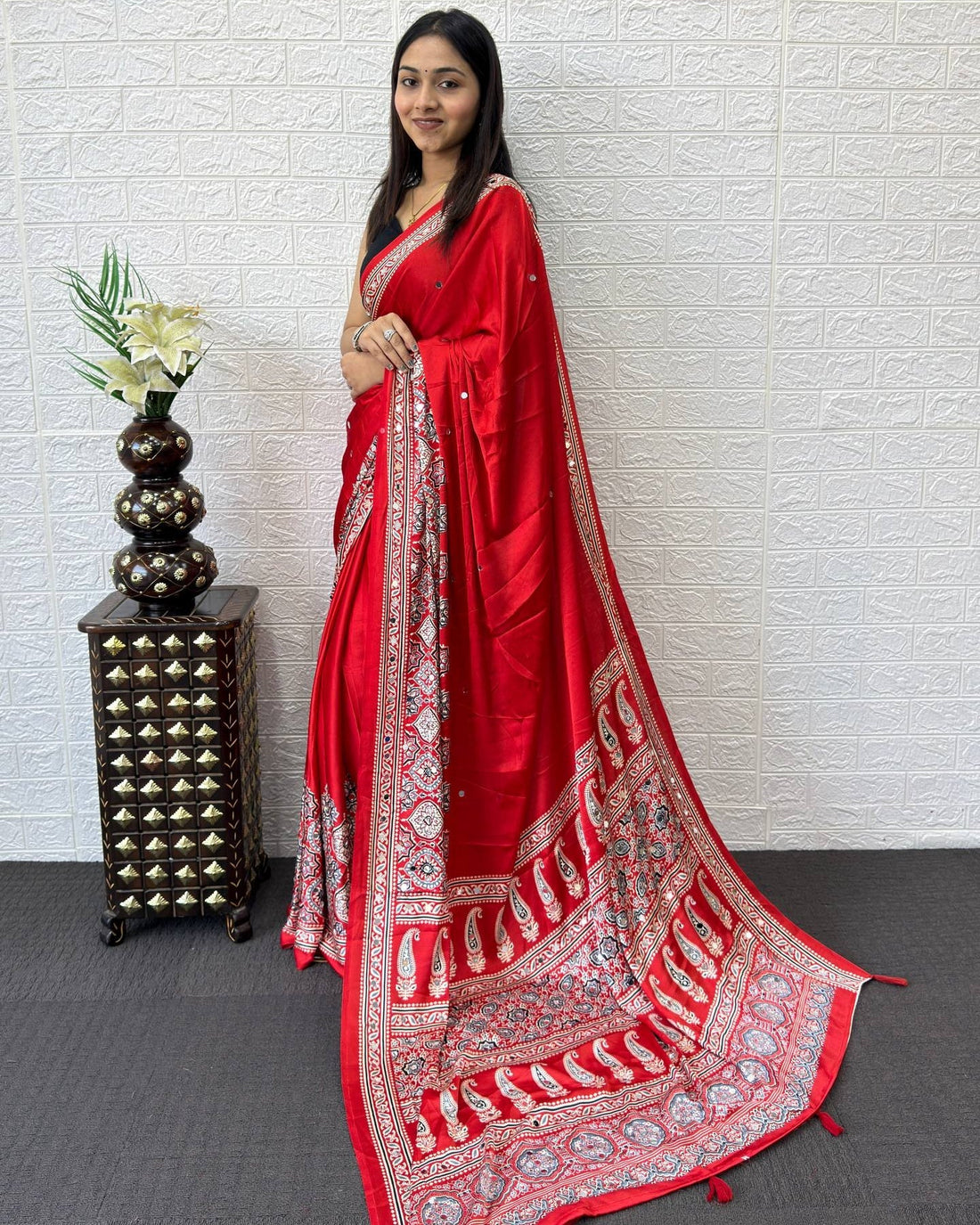 Ruby Red Modal Silk Saree with Heritage Paisley Pallu, Floral Border