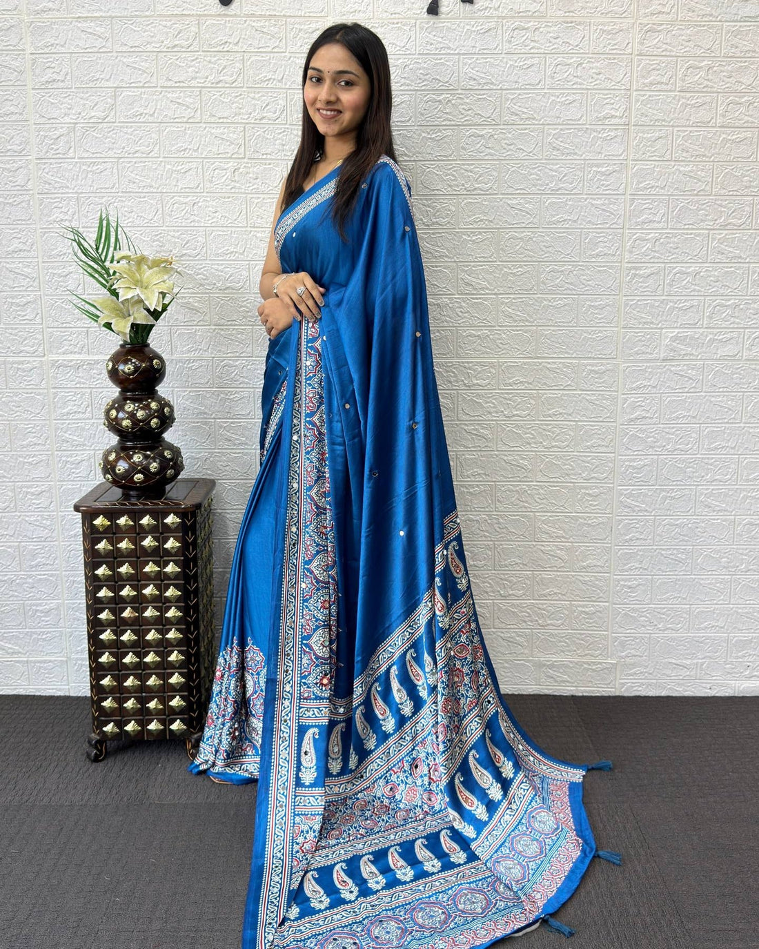 Royal Blue Modal Silk Saree with Heritage Paisley Pallu, Floral Border