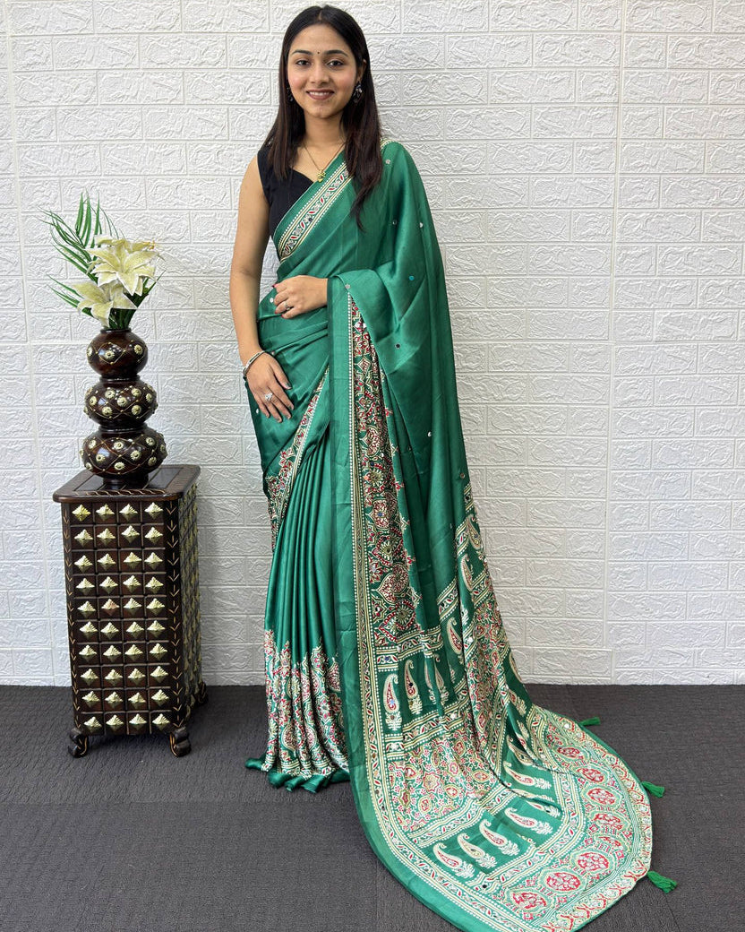 Emerald Green Modal Silk Saree with Traditional Paisley Pallu, Floral Border