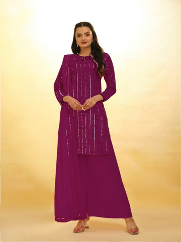 Purple Elegant Georgette Sequins Embroidered Top with Palazzo & Dupatta